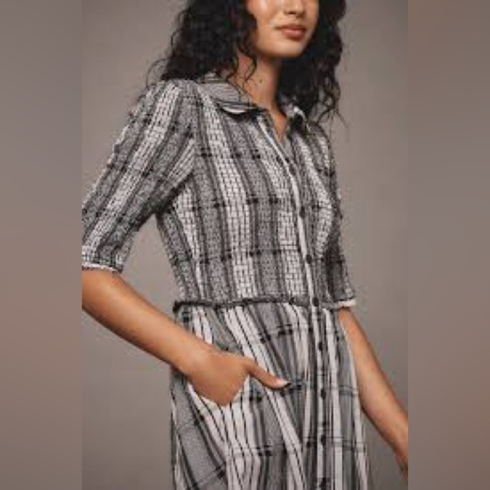 Maeve Short-Sleeve Smocked Midi Shirt Dress Anthropologie XXS